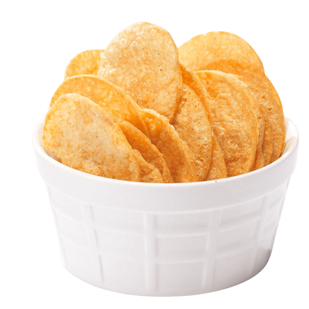 A bowl filled with crispy protein chips, showcasing their golden color and crunchy texture.